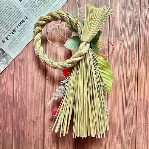 No.307 い草の紅白スワッグしめ縄リース2025 ハンドメイド お正月飾り