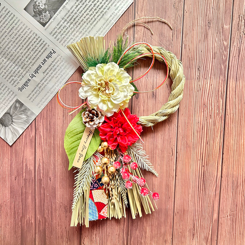 No.307 い草の紅白スワッグしめ縄リース2025 ハンドメイド お正月飾り