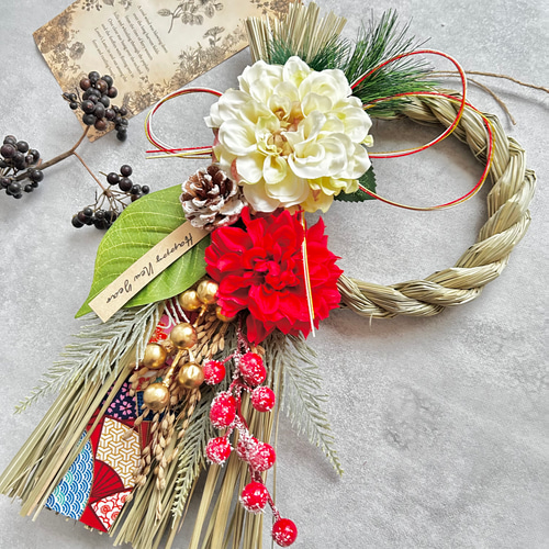 No.307 い草の紅白スワッグしめ縄リース2025 ハンドメイド お正月飾り