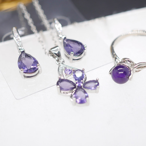 3点セット アメジスト ネックレス/ピアス/リング silver925 宝石質