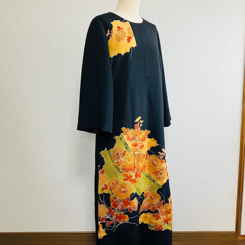 No.142留袖ドレス ワンピースフレアー袖着物リメイクL〜LL13号