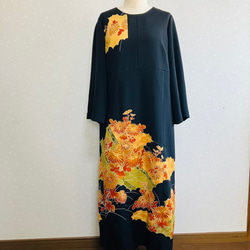 No.142留袖ドレス ワンピースフレアー袖着物リメイクL〜LL13号