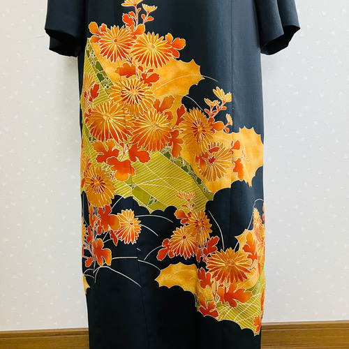 No.142留袖ドレス ワンピースフレアー袖着物リメイクL〜LL13号