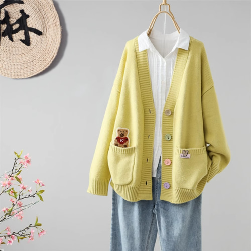 新作】Vネックニットカーディガン ゆったりしたセーター グリーン