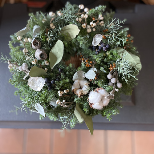 森のクリスマスリースホワイトグリーンL リース Olive + 通販 18552743