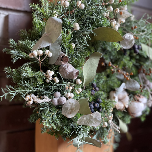 森のクリスマスリースホワイトグリーンL リース Olive + 通販 18552743