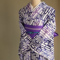 手染め注染　型染浴衣　【青　紫②】　タイルアートのような注染ぼかしが涼し気な印象　袖長めモアトールサイズ　裄69ｃｍ 8枚目の画像