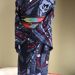 ◇現代 有松鳴海絞　浴衣◇【濃紺紫赤緑他】高級感漂う熨斗柄に桔梗など細かい絞りで表現　スモールサイズ裄66ｃｍ　木綿浴衣 16枚目の画像