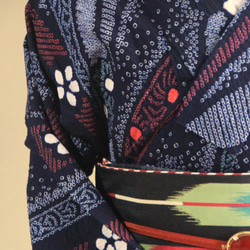 ◇現代 有松鳴海絞　浴衣◇【濃紺紫赤緑他】高級感漂う熨斗柄に桔梗など細かい絞りで表現　スモールサイズ裄66ｃｍ　木綿浴衣 9枚目の画像