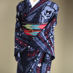 ◇現代 有松鳴海絞　浴衣◇【濃紺紫赤緑他】高級感漂う熨斗柄に桔梗など細かい絞りで表現　スモールサイズ裄66ｃｍ　木綿浴衣 15枚目の画像