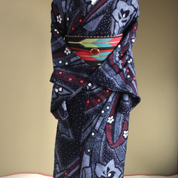 ◇現代 有松鳴海絞　浴衣◇【濃紺紫赤緑他】高級感漂う熨斗柄に桔梗など細かい絞りで表現　スモールサイズ裄66ｃｍ　木綿浴衣 10枚目の画像