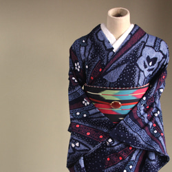 ◇現代 有松鳴海絞　浴衣◇【濃紺紫赤緑他】高級感漂う熨斗柄に桔梗など細かい絞りで表現　スモールサイズ裄66ｃｍ　木綿浴衣 11枚目の画像