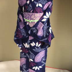 ◆アウトレット◆現代 有松鳴海絞　浴衣◇【濃紺赤桃】笹と扇　珍しい意匠　トールサイズ裄67.5ｃｍ　木綿浴衣　 12枚目の画像