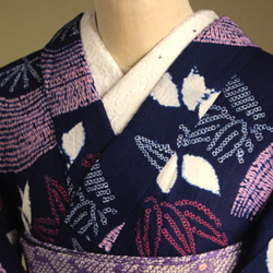 ◆アウトレット◆現代 有松鳴海絞　浴衣◇【濃紺赤桃】笹と扇　珍しい意匠　トールサイズ裄67.5ｃｍ　木綿浴衣　 14枚目の画像