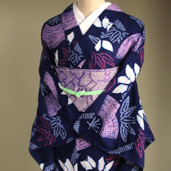 ◆アウトレット◆現代 有松鳴海絞　浴衣◇【濃紺赤桃】笹と扇　珍しい意匠　トールサイズ裄67.5ｃｍ　木綿浴衣　 11枚目の画像