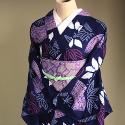 ◆アウトレット◆現代 有松鳴海絞　浴衣◇【濃紺赤桃】笹と扇　珍しい意匠　トールサイズ裄67.5ｃｍ　木綿浴衣　 15枚目の画像