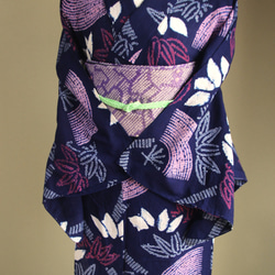 ◆アウトレット◆現代 有松鳴海絞　浴衣◇【濃紺赤桃】笹と扇　珍しい意匠　トールサイズ裄67.5ｃｍ　木綿浴衣　 16枚目の画像