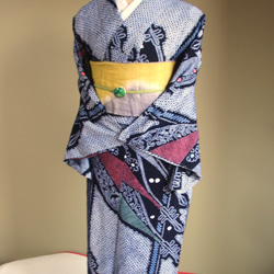 ◆アウトレット◆現代 有松鳴海絞　浴衣◇【濃紺他】縦縞とオリエンタルな琵琶の調べが耽美　スモールサイズ裄66ｃｍ　木綿 19枚目の画像