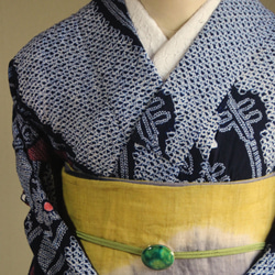 ◆アウトレット◆現代 有松鳴海絞　浴衣◇【濃紺他】縦縞とオリエンタルな琵琶の調べが耽美　スモールサイズ裄66ｃｍ　木綿 5枚目の画像