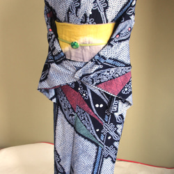 ◆アウトレット◆現代 有松鳴海絞　浴衣◇【濃紺他】縦縞とオリエンタルな琵琶の調べが耽美　スモールサイズ裄66ｃｍ　木綿 17枚目の画像