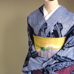 ◆アウトレット◆現代 有松鳴海絞　浴衣◇【濃紺他】縦縞とオリエンタルな琵琶の調べが耽美　スモールサイズ裄66ｃｍ　木綿 18枚目の画像