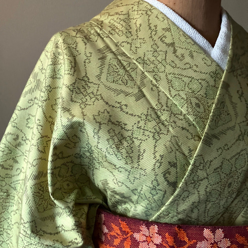 手織り紬単衣 緑矢鱈縞 普段着 正絹着物 裄64 美品 カラフル 秋