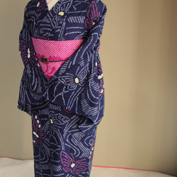 ◇現代 有松鳴海絞　浴衣◇【濃紺桃黄】川面に蝶が遊ぶ　トールサイズ裄68.5ｃｍ　木綿浴衣　 15枚目の画像