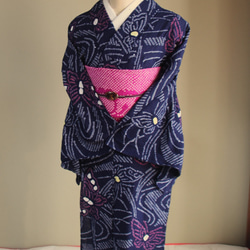 ◇現代 有松鳴海絞　浴衣◇【濃紺桃黄】川面に蝶が遊ぶ　トールサイズ裄68.5ｃｍ　木綿浴衣　 16枚目の画像