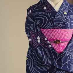 ◇現代 有松鳴海絞　浴衣◇【濃紺桃黄】川面に蝶が遊ぶ　トールサイズ裄68.5ｃｍ　木綿浴衣　 10枚目の画像