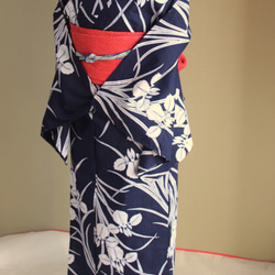 本藍染浴衣 古典な中に華やかな糸菊がシックモダン 裄68cm