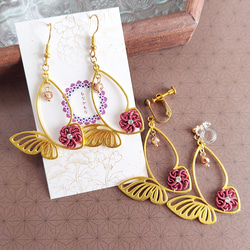 水引 シャム猫と肉球チャーム アシンメトリーのピアス イヤリング 和風