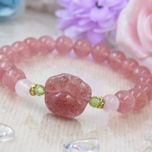 にゃんたま* ★ブレスレット ストロベリークォーツ ♪ 388 ♡ぷくぷく♡肉球♡ピンクエピドート♡アフリカン ストロベリー