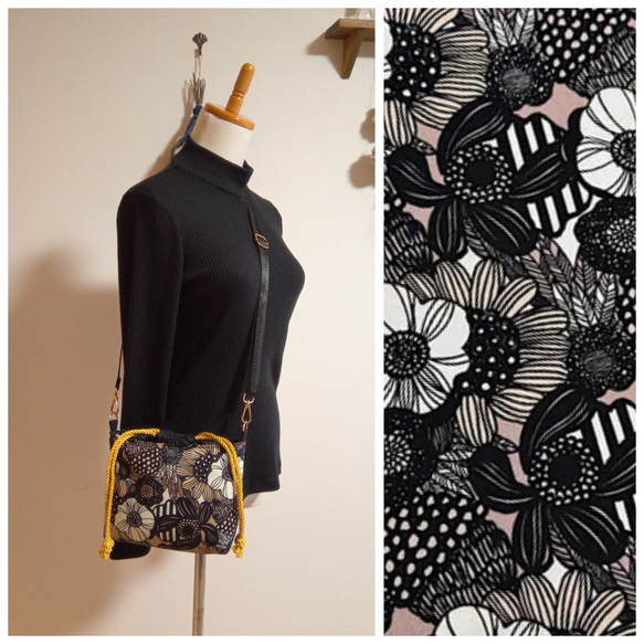 ☆セール☆巾着ショルダーバッグ北欧風アートフラワーベージュ 1枚目の画像