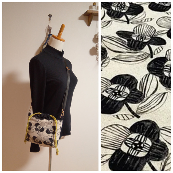 ☆セール☆巾着ショルダーバッグ北欧風フラワー生成り 1枚目の画像