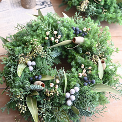 ４種のグリーンと木の実たちのフレッシュクリスマスリース＊30センチ 6枚目の画像