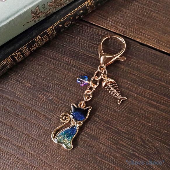 ハンドメイド/猫と星空のリール付きキーホルダー(ピンク) ハンドメイド