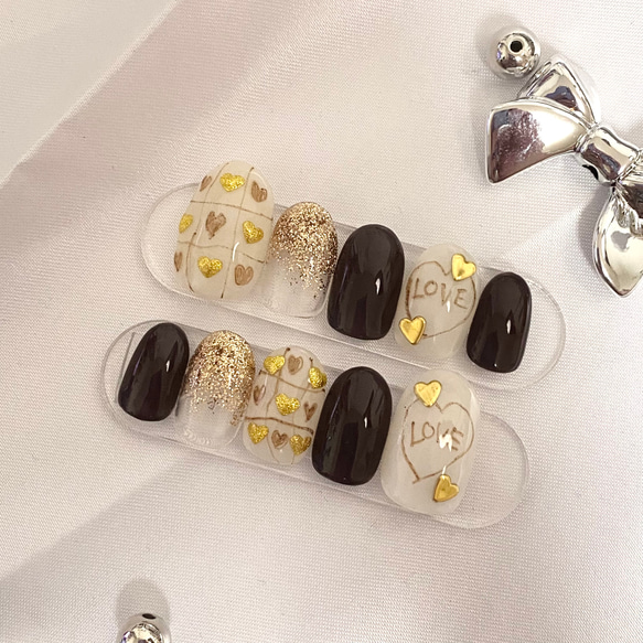 design214】ブラウン ハート 落書きネイルチップ ネイルチップ（つけ爪