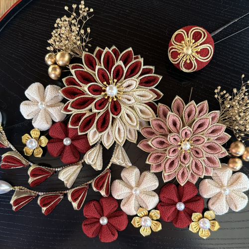 つまみ細工　髪飾り　ボルドー ブラック×ボルドー つまみ細工 髪飾りセット ≪成人式 卒業式 七五三