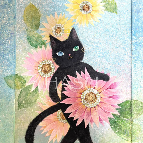 黒猫と花 (原画) 額付 イラスト atelier HASU 通販 18554169 黒猫と花 (原画) 額付 イラスト atelier HASU 通販 18554169