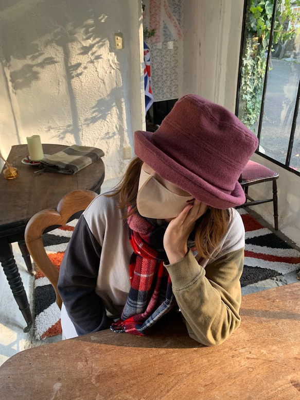 秋冬向けブリムハット（綾織リネンウール　ピンク） 3枚目の画像