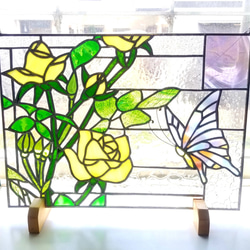 ステンドグラス 青い薔薇と蝶のパネル その他アート ようこ 通販