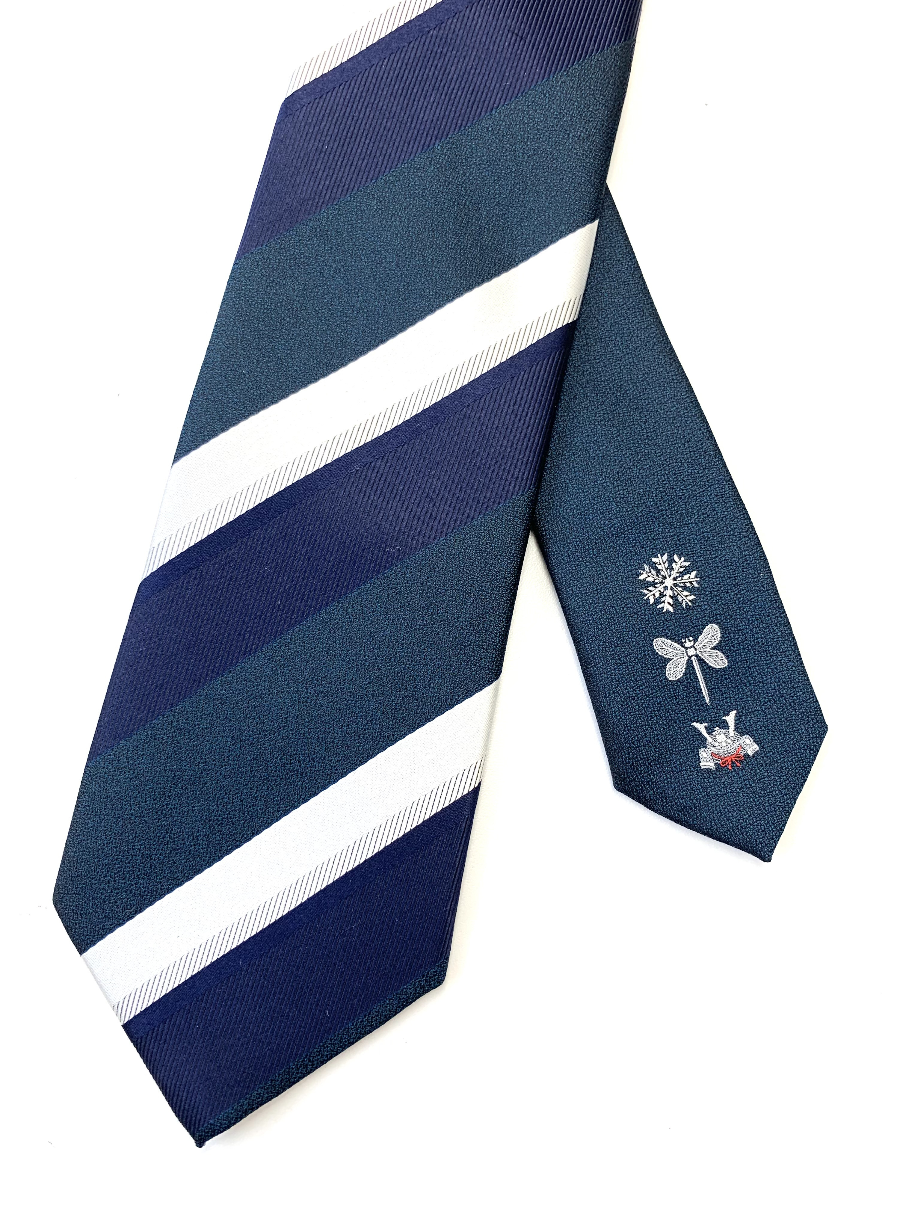 ネクタイ　とんぼ　シルク勝ち虫と兜　送料無料　ネイビー×ブルーグリーン　縁起物
