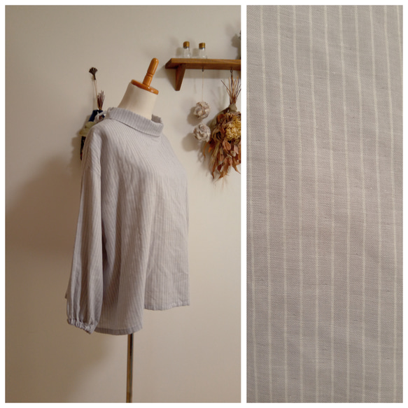 Ｗガーゼ ハイネックブラウスストライプグレー×白 1枚目の画像