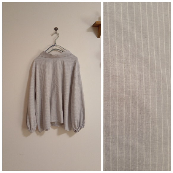 Ｗガーゼ ハイネックブラウスストライプグレー×白 5枚目の画像