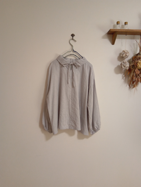 Ｗガーゼ ハイネックブラウスストライプグレー×白 7枚目の画像