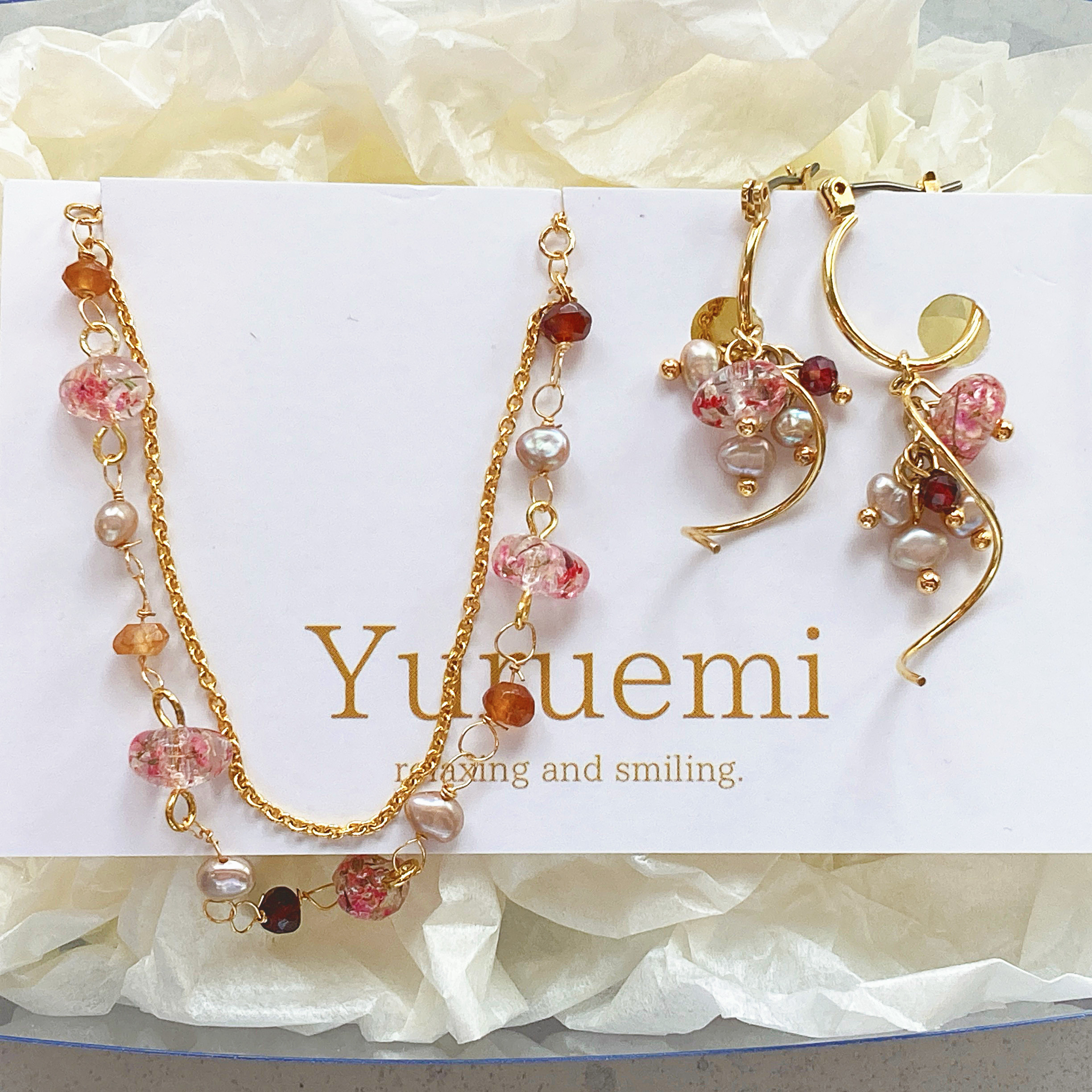 フープ ピアス イヤリング ネックレス セット レジン 淡水パール パール 天然石 レッド 赤 プレゼント クリスマス