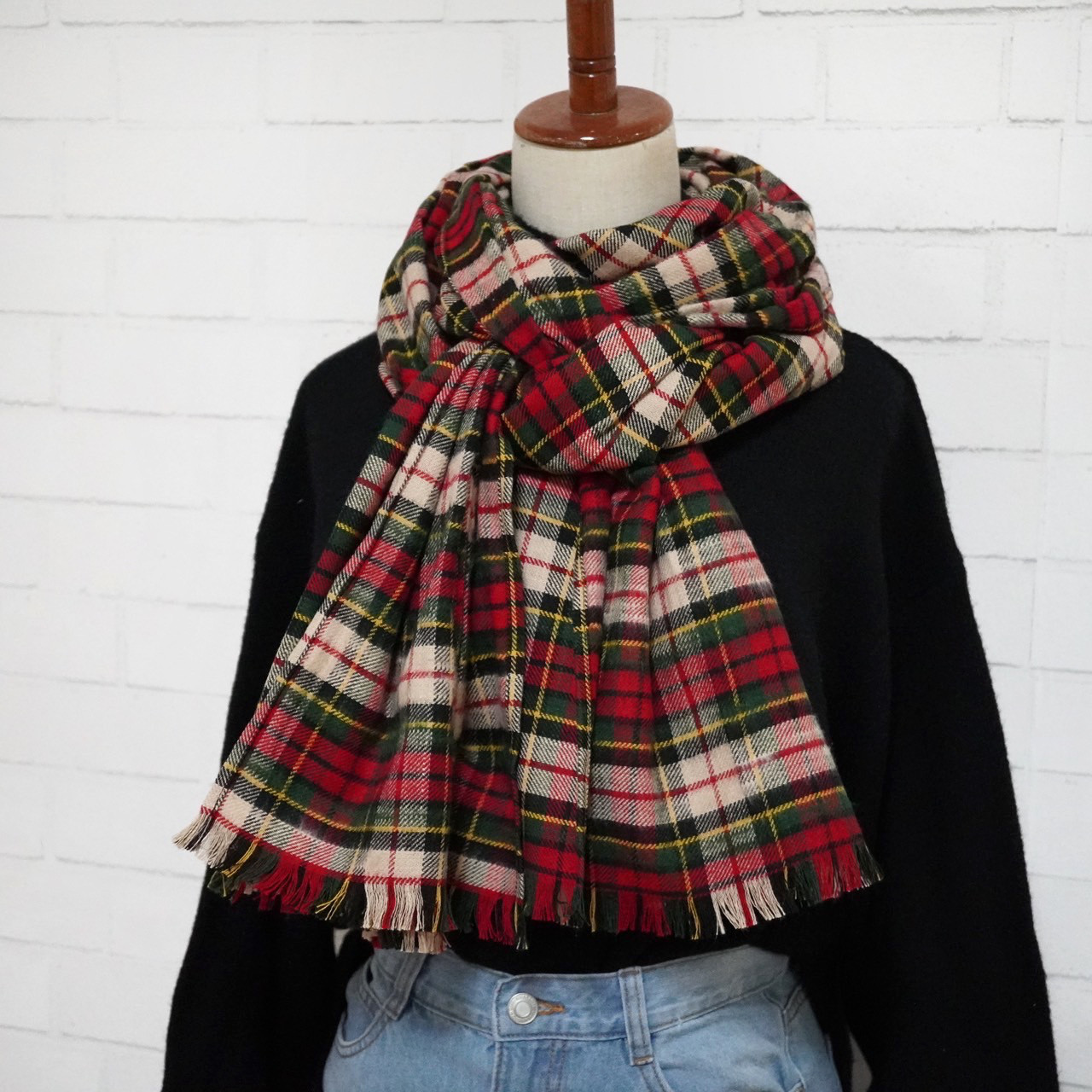 【新春20%off】綿100%3wayマフラーショール＊ローズレッドが可愛いXmasカラーチェック＊播州織【送料無料】