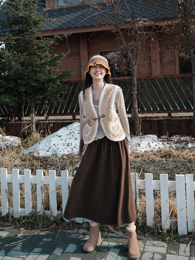 秋冬 重ね着ベスト ウールベスト 毛皮一体ベスト、レディース