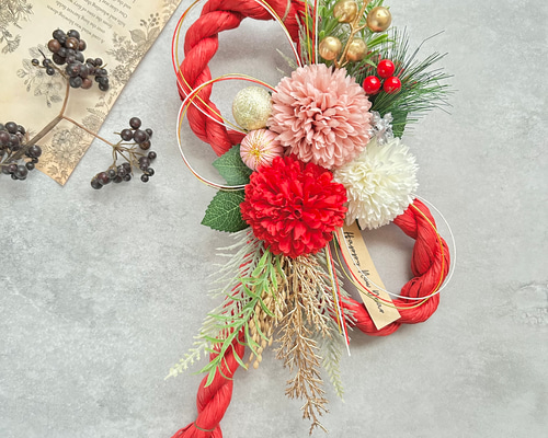 No.315 八の字カラーしめ縄リース2025 ハンドメイドお正月飾り玄関