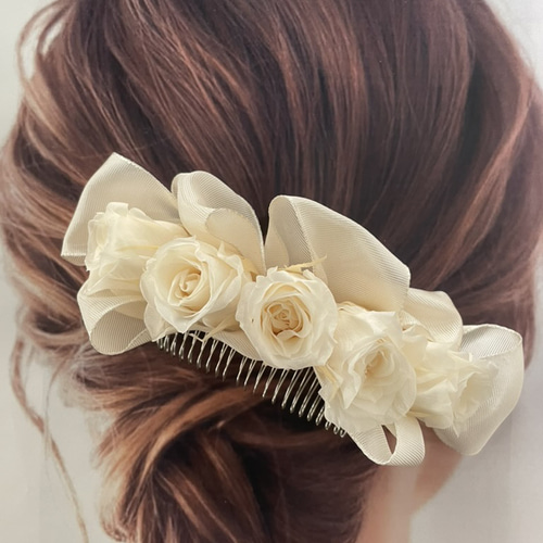ヘアアクセ バラ5輪プリザーブドフラワー 髪飾り ウエディング 成人式